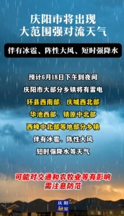 慶陽市將出現大范圍強對流天氣，伴有冰雹、陣性大風、短時強降水
